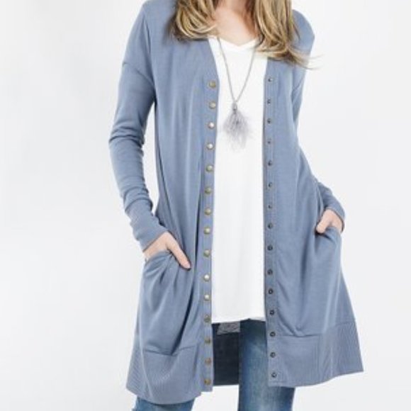 Zenana Outfitters Tops - ZENANA Outfitt Lt Blue Snap-Button Pocket Cardigan